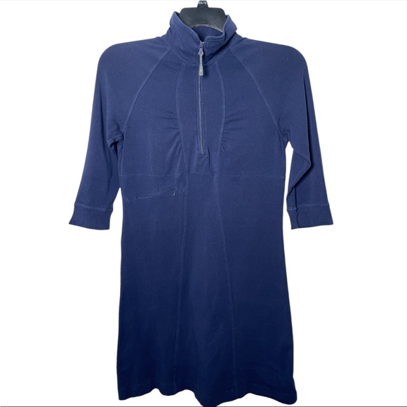 Athleta Discovery Dress 1/4 zip Dark Navy Blue Organic Cotton Mock Neck Small - Picture 1 of 6